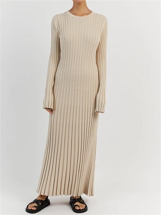 'Lyla' - Roundneck Knit Maxi Dress in Beige